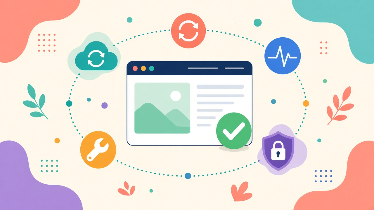 Website surrounded by icons for backups, updates, monitoring, security, and fixes