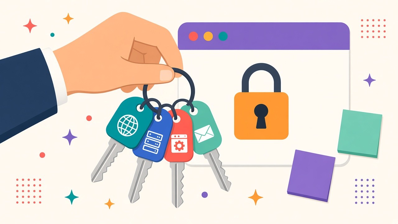 A hand holding a ring of keys labeled for domain, hosting, admin and email, next to a locked website window