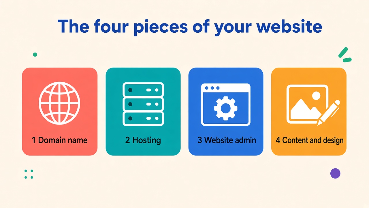The four pieces of your website: 1 Domain name, 2 Hosting, 3 Website admin, 4 Content and design