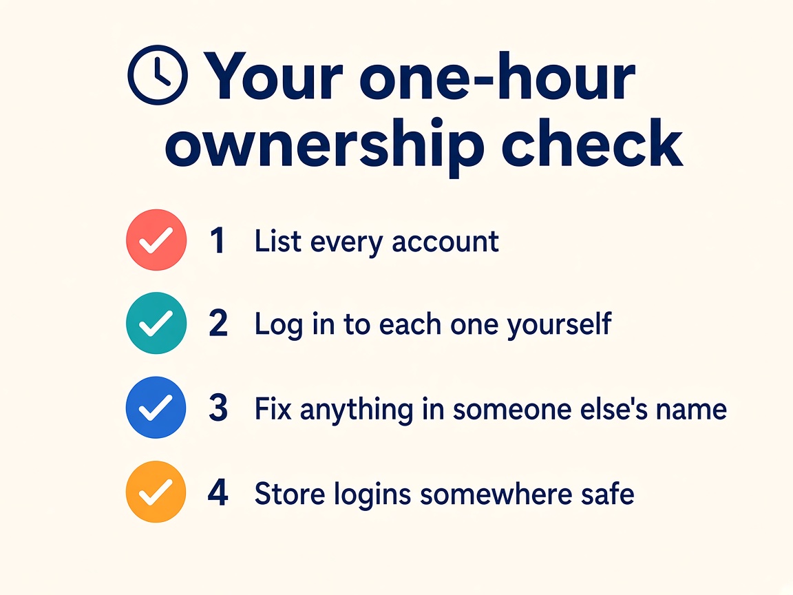 Your one-hour ownership check: list every account, log in to each one yourself, fix anything in someone else's name, store logins somewhere safe