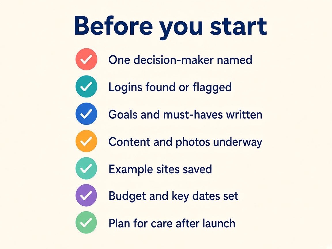 Before you start checklist: one decision-maker named, logins found or flagged, goals and must-haves written, content and photos underway, example sites saved, budget and key dates set, plan for care after launch