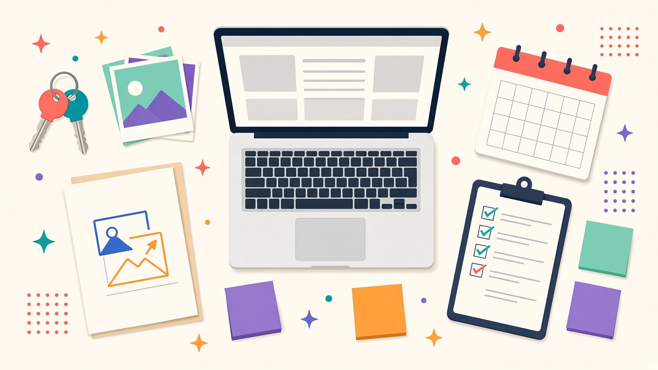 Flat illustration of a desk with a laptop showing a page layout, keys, photo prints, a document with images, a calendar, a checklist clipboard and sticky notes