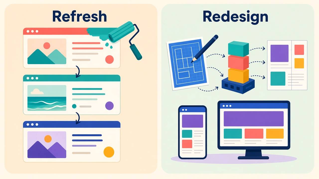 Refresh vs. redesign: on the left, a paint roller updates the colors of the same page layout; on the right, a blueprint and building blocks create a new responsive site for phone and desktop