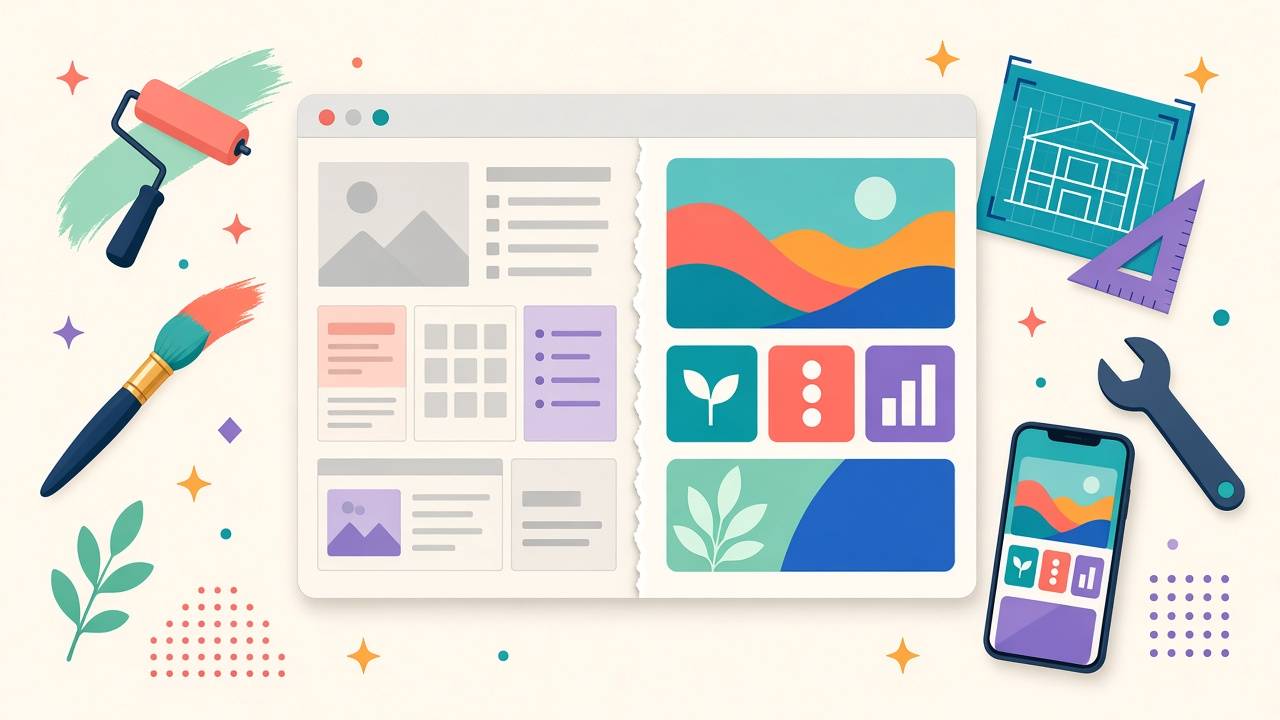 Website mockup split between a dated grey layout and a colorful modern redesign, surrounded by a paint roller, paintbrush, blueprint, wrench and mobile phone