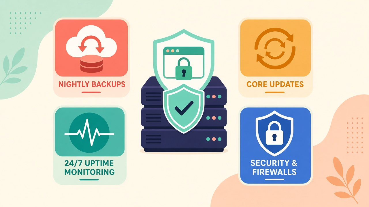 Boutique Hosting: nightly backups, core updates, 24/7 uptime monitoring, security and firewalls