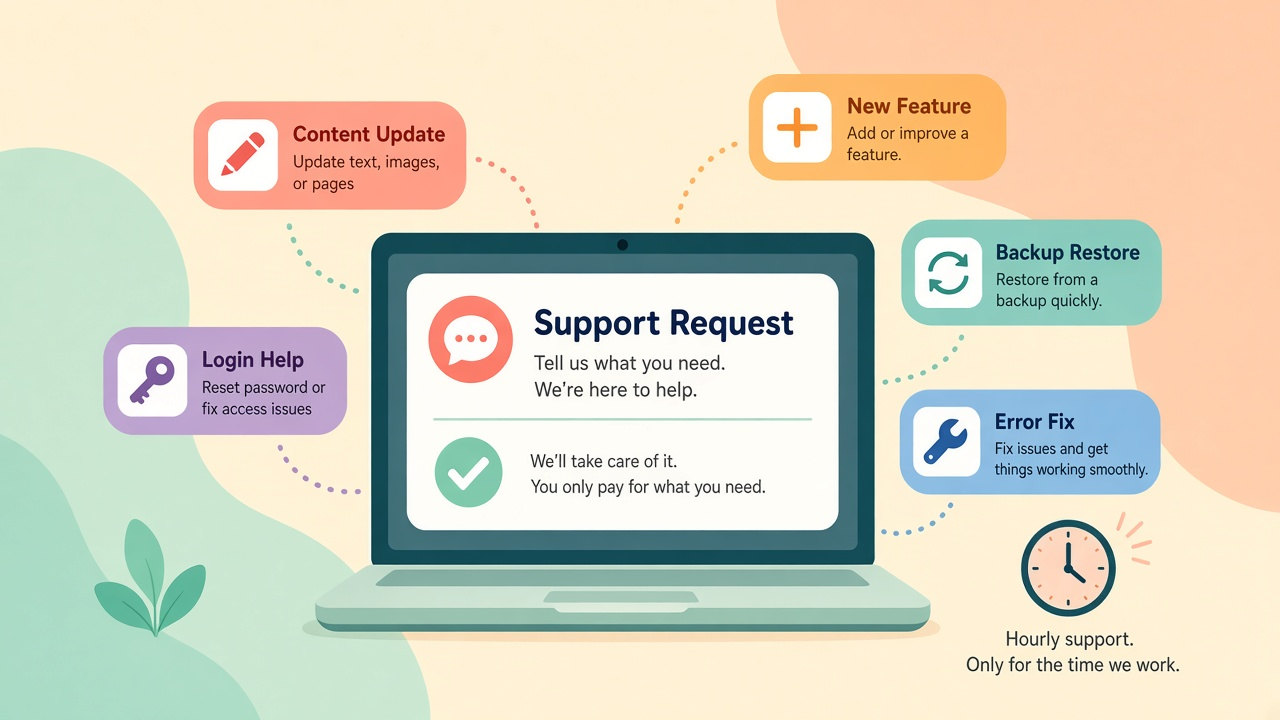 On-Demand Support requests: content updates, new features, backup restore, error fixes, login help