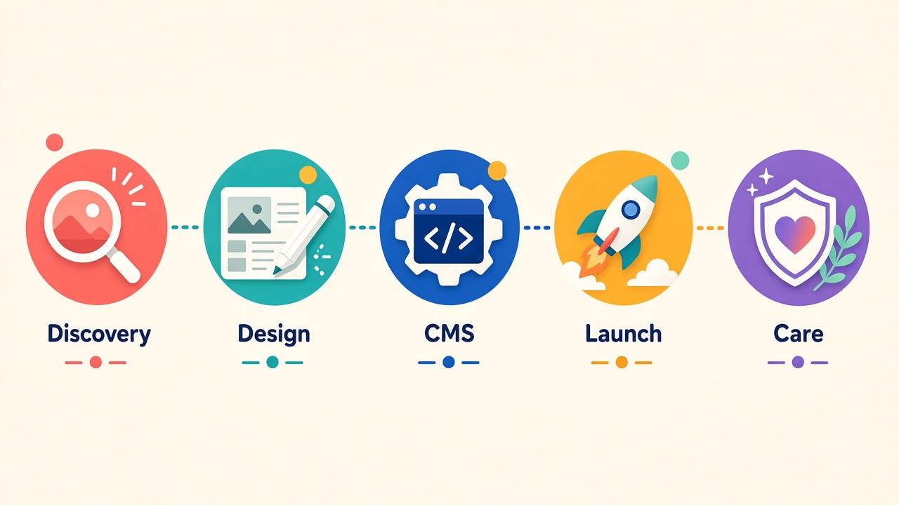 Website redesign process in five steps: Discovery, Design, CMS, Launch, Care