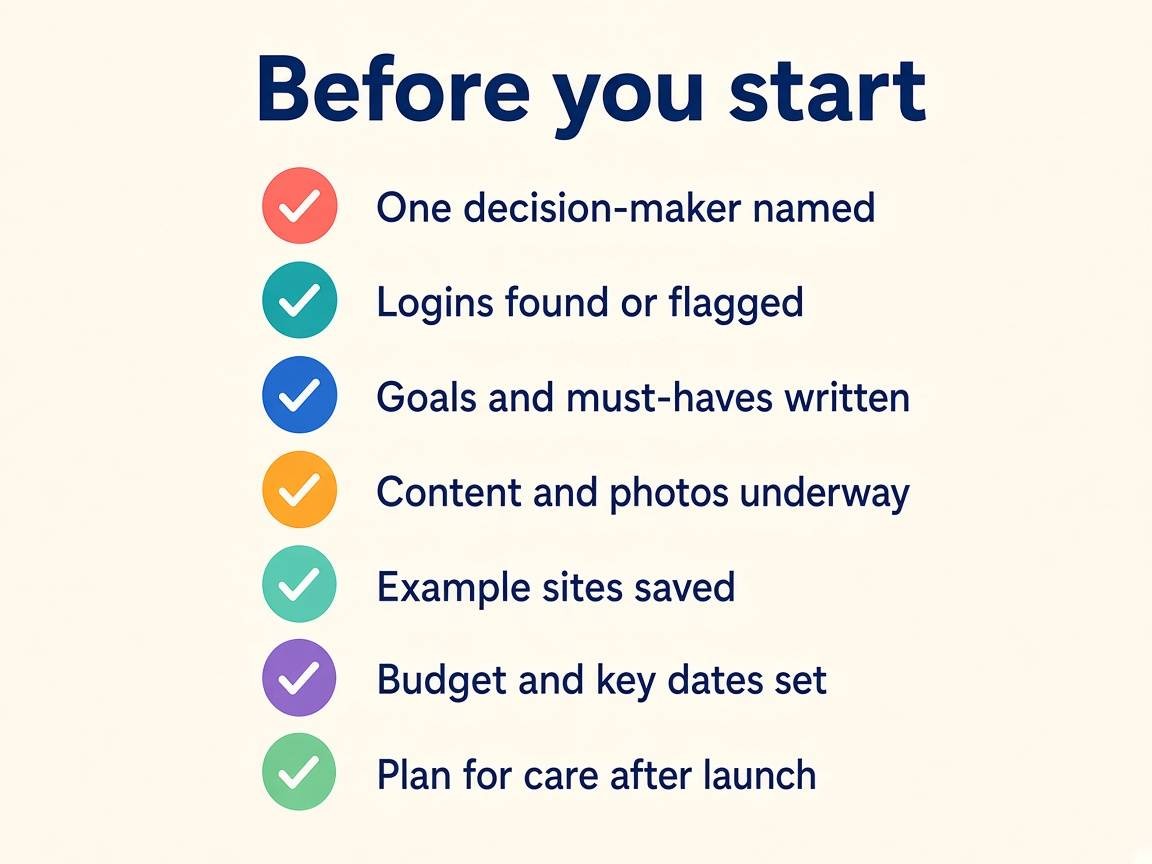Before you start checklist: one decision-maker named, logins found or flagged, goals and must-haves written, content and photos underway, example sites saved, budget and key dates set, plan for care after launch