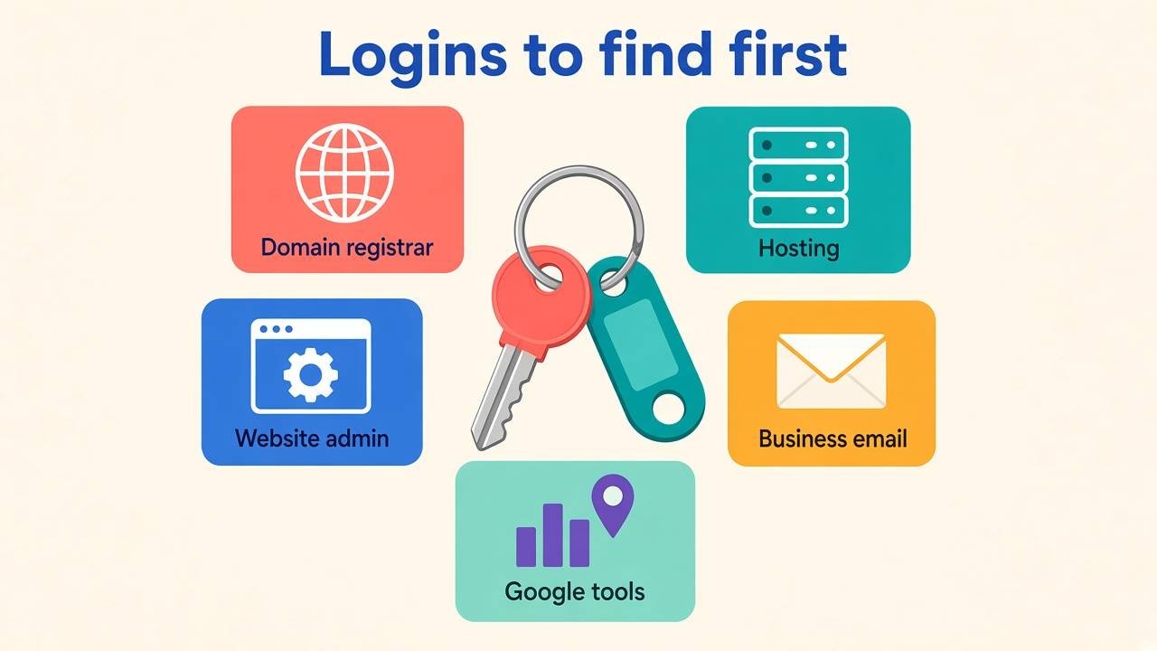 Logins to find first: domain registrar, hosting, website admin, business email and Google tools, arranged around a set of keys