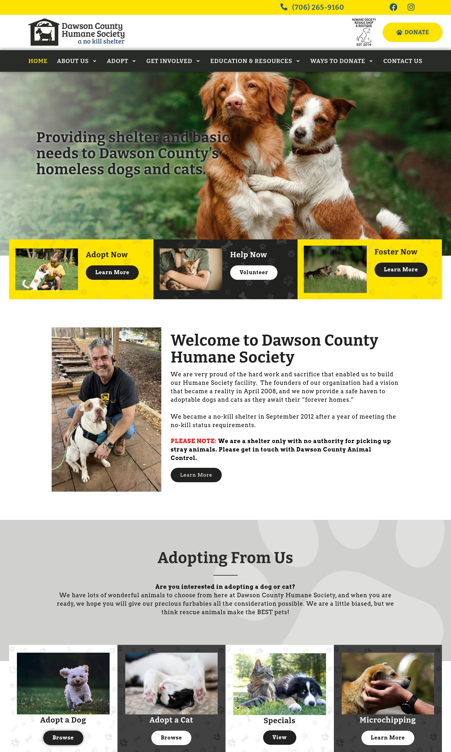 Dawson County Humane Society home page on desktop