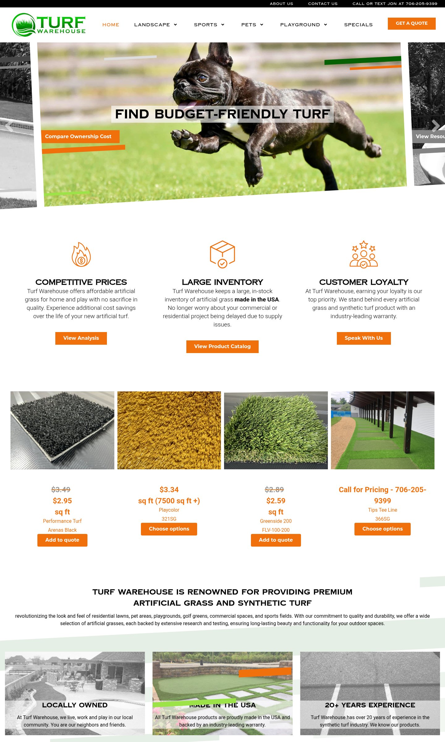 Turf Warehouse home page on desktop