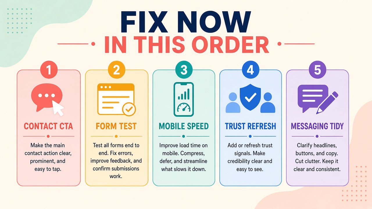 Five-step fix-now priority order punch list for website lead fixes